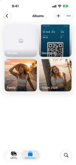 The Albums screen of Photos on iOS 27, with the add button at the top right highlighted