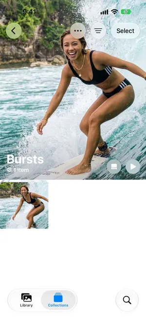 La collection Rafales de Photos sur iOS 27 avec 1 élément, une photo de surf avec une pile d’images derrière