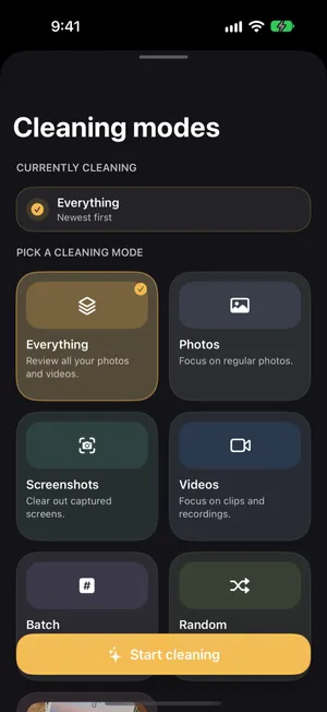 The Cleaning modes sheet in PrunePic, currently cleaning Everything, newest first, above the modes Everything, Photos, Screenshots, Videos, Batch and Random