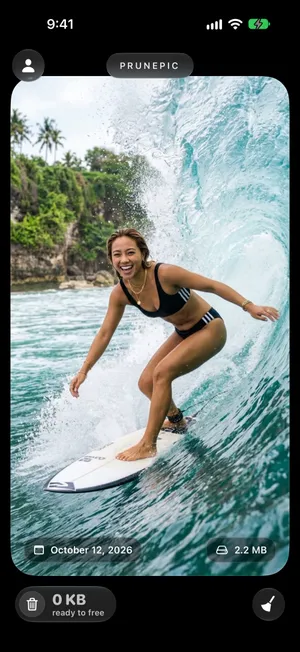 A surf photo full screen in PrunePic, with the date October 12, 2026 and the file size 2.2 MB on the card