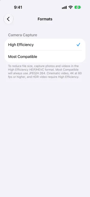 Settings, Camera, Formats on iOS 27 with High Efficiency checked and Most Compatible below, and a footer saying Most Compatible will always use JPEG/H.264 and that Cinematic video, 4K at 60 fps or higher, and HDR video require High Efficiency