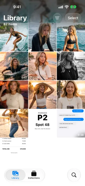 The Photos library on iOS 27 with 82 Items under the Library title, above a grid of beach photos, a video with its length and two screenshots