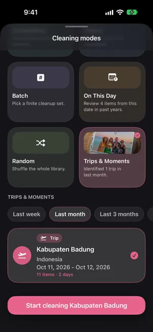 PrunePic's Cleaning modes sheet with Trips & Moments selected, one trip found last month, Kabupaten Badung, Indonesia, Oct 11 to Oct 12, 2026, 11 items over 2 days