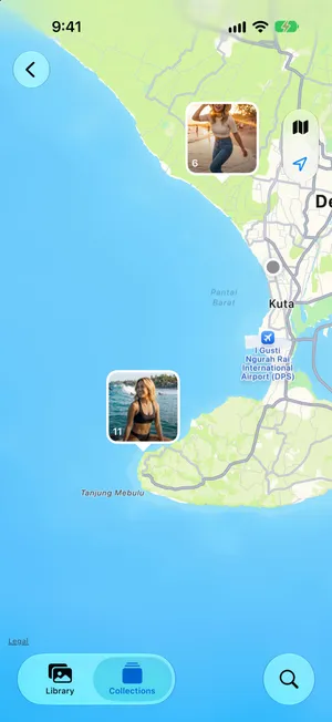 The Map in Photos zoomed on the south of Bali, with a stack of 11 photos near Uluwatu and another of 6 near Canggu