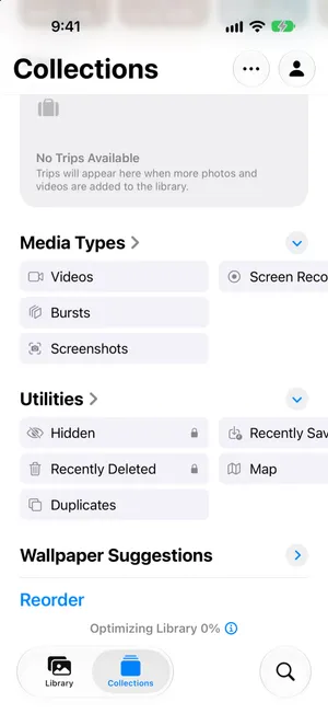 The Collections tab of Photos on iOS 27 with Media Types listing Videos, Screen Recordings, Bursts and Screenshots