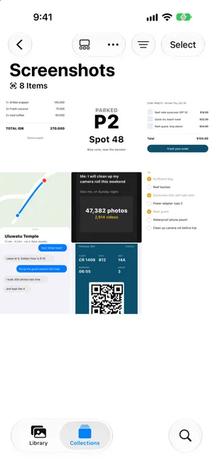 The Screenshots collection in Photos with 8 items: a restaurant receipt, a parking spot, an order confirmation, a map route, a meme, a packing list, a chat and a boarding pass