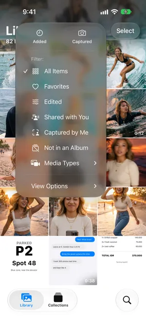 The library sort menu in Photos on iOS 27 with Added and Captured at the top, then the filters All Items, Favorites, Edited, Shared with You, Captured by Me, Not in an Album and Media Types, and View Options