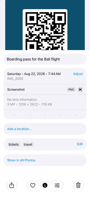 The details of a boarding pass screenshot in Photos on iOS 27 with the caption Boarding pass for the Bali flight, Screenshot, PNG, 176 KB, and the keywords tickets and travel