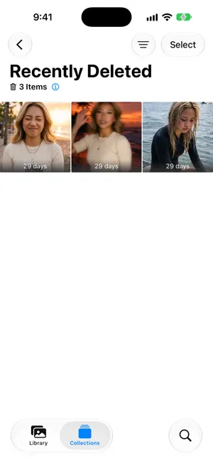 Recently Deleted unlocked on iOS 27 with 3 items, each thumbnail showing 29 days