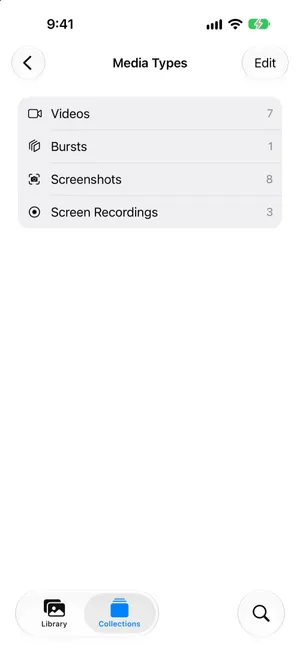 Media Types on iOS 27 listing Videos 7, Bursts 1, Screenshots 8 and Screen Recordings 3