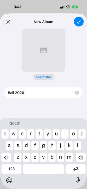 The New Album screen in Photos with the name Bali 2026 typed in and the Add Photos button