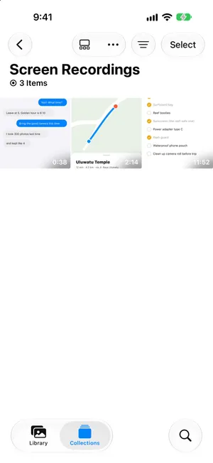 The Screen Recordings collection with 3 items: a chat recording of 0:38, a map route of 2:14 and a packing list of 11:52
