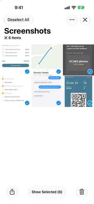 The Screenshots collection in the Photos app with all 6 screenshots selected, Deselect All at the top and Show Selected (6) next to the delete button at the bottom