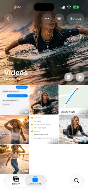 La raccolta Video di Foto su iOS 27 con 7 elementi, una griglia di clip e registrazioni dello schermo con la durata negli angoli: 0:38, 0:12, 2:14, 0:48, 11:52, 1:35 e 2:00
