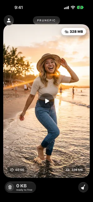 A two-minute beach video in PrunePic's Videos mode with its length, 02:00, and a 328 MB large-file badge