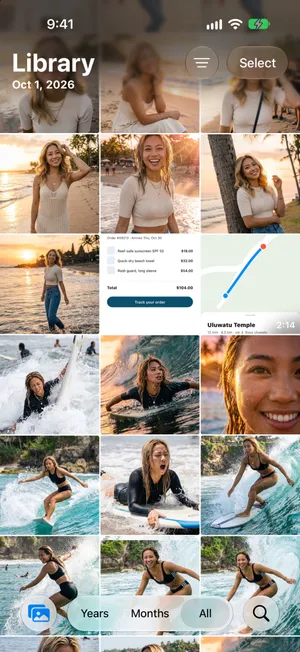 The Photos library on iOS 27 with the bar Years, Months and All at the bottom, All selected