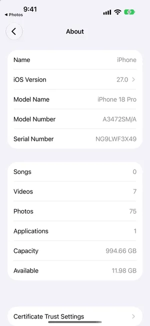 Settings, General, About on iOS 27 listing Songs 0, Videos 7, Photos 75, Applications 1, then Capacity 994.66 GB and Available 11.98 GB