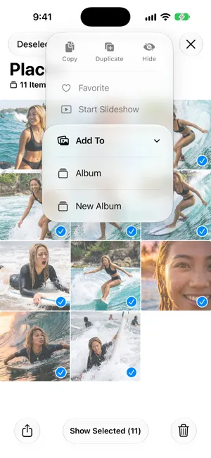 Eleven photos selected in Places and the More menu open on Add To, with Album and New Album