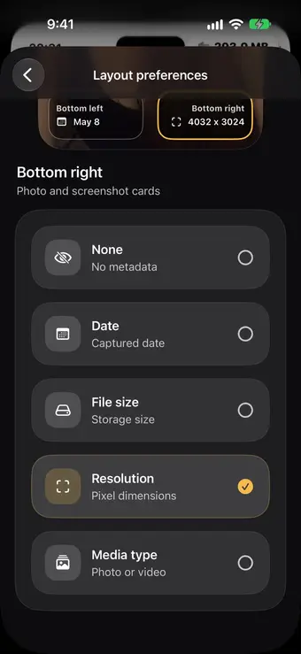 The Bottom right options for photo and screenshot cards: None, Date, File size, Resolution with a checkmark, and Media type, with the preview now showing 4032 x 3024