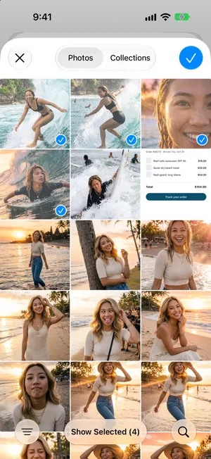 The photo picker of a new album with four surf photos selected and the checkmark button at the top right