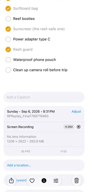 The details of a screen recording in Photos: Screen Recording, 1206 × 2622, 293.9 MB, 30 FPS and a length of 11:52