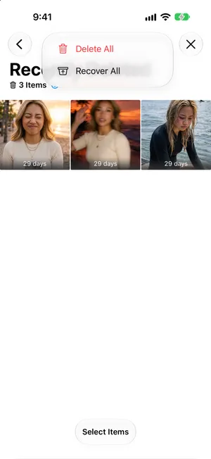 The More menu in Recently Deleted with nothing selected, showing Delete All in red and Recover All