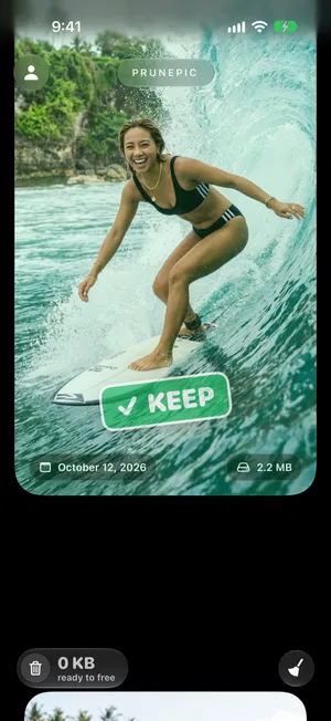 A surf photo pushed up in PrunePic with a green KEEP stamp while the next photo rises from below