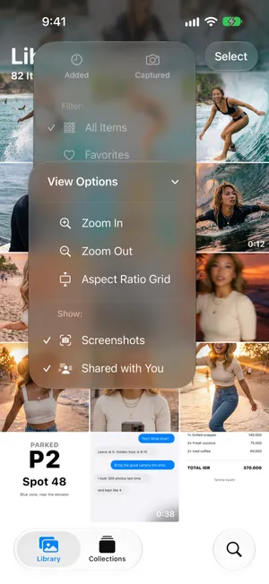 The View Options menu in the Photos library with Zoom In, Zoom Out and Aspect Ratio Grid, and under Show, Screenshots and Shared with You, both checked
