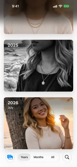 The Years view in Photos with large cards for 2025 and 2026