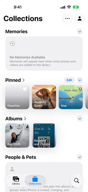 The Collections tab of Photos with the albums Bali 2026 and Receipts and Tickets under Albums