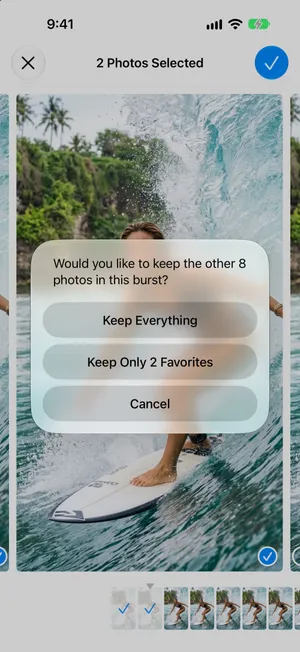 La question « Would you like to keep the other 8 photos in this burst? » avec les boutons « Keep Everything », « Keep Only 2 Favorites » et « Cancel »