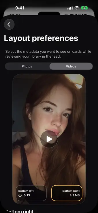Layout preferences with Videos selected: the preview card has a play button, 0:13 at the bottom left and 4.2 MB at the bottom right, which is highlighted