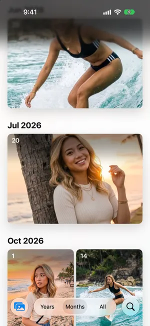 The Months view in Photos with Jul 2026 and Oct 2026, each with a card per day such as the 20th, the 1st and the 14th