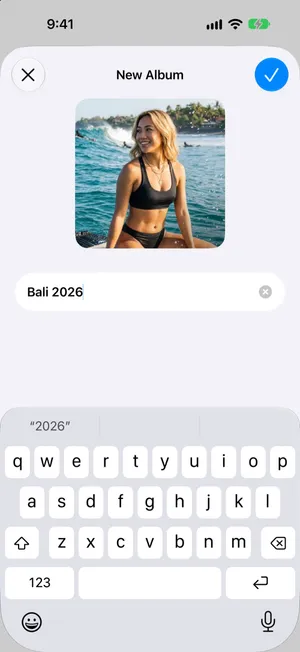 The New Album screen with the name Bali 2026 typed under a surf photo, and the checkmark at the top right