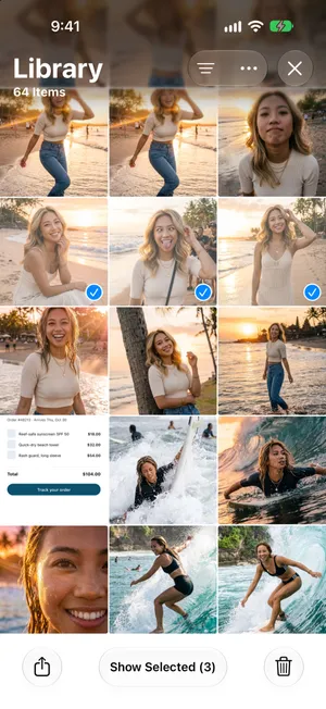 The Photos library in Select mode with three photos checked