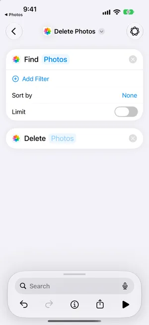 A shortcut on iOS 27 with two actions: Find Photos with Add Filter, Sort by None and Limit off, followed by Delete Photos