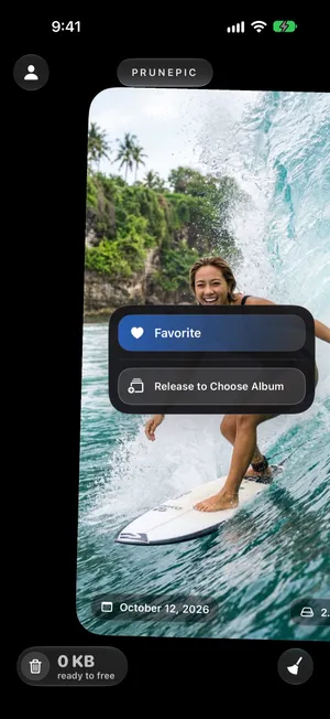 A surf photo dragged to the right in PrunePic with a panel offering Favorite and Release to Choose Album