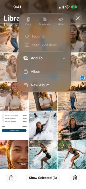 The More menu in Photos with the Add To submenu open, showing Album and New Album
