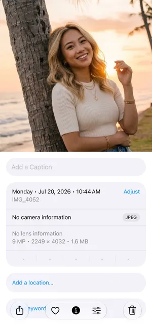 The details of a beach photo in Photos: Monday, Jul 20, 2026, 10:44 AM with an Adjust button, JPEG, 9 MP, 2249 × 4032, 1.6 MB