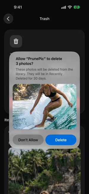 An iOS alert: Allow PrunePic to delete 3 photos? These photos will be deleted from the library. They will be in Recently Deleted for 30 days. Buttons: Don't Allow and Delete.