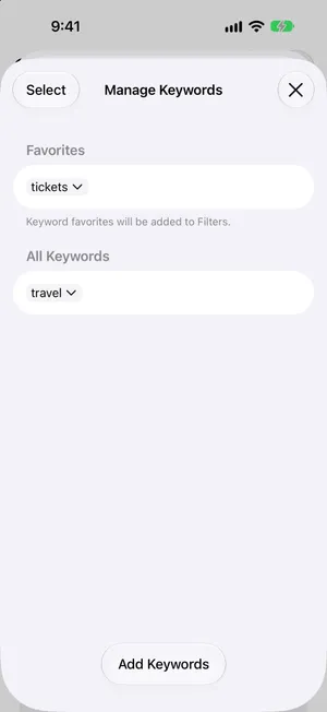 The Manage Keywords screen with tickets under Favorites, travel under All Keywords, and the note Keyword favorites will be added to Filters