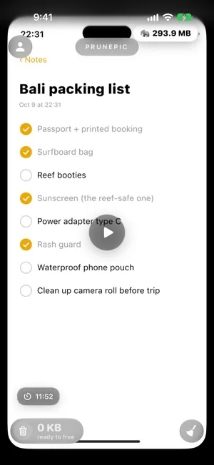 A 12-minute screen recording of a packing list in PrunePic's Videos mode, with 11:52 at the bottom left and a large-file badge reading 293.9 MB at the top right