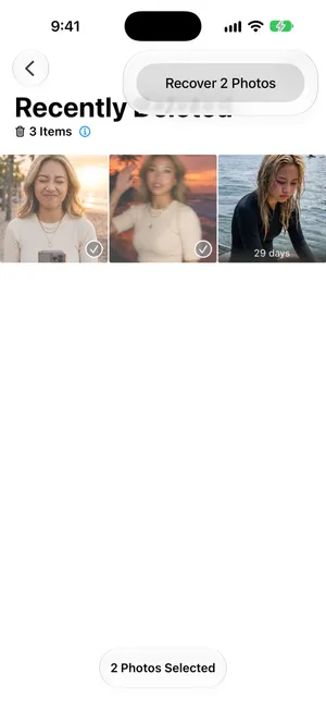 The confirmation button Recover 2 Photos at the top of Recently Deleted