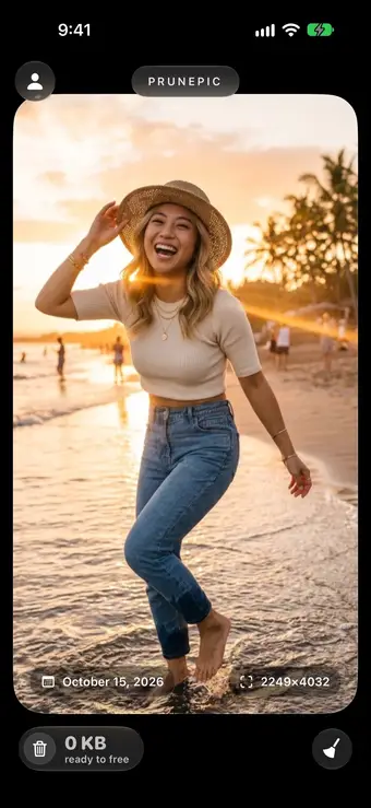 A beach photo in PrunePic's feed with October 15, 2026 at the bottom left and its resolution, 2249×4032, at the bottom right