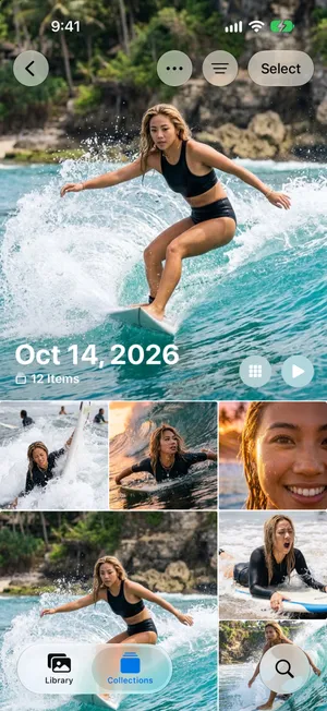 One day from Recent Days in Photos, Oct 14, 2026 with 12 items, a large surf photo at the top and a grid of the day's photos