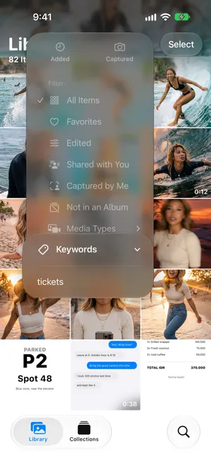 The library sort menu in Photos with Keywords expanded, showing the tickets keyword