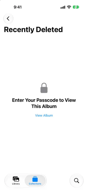 The Recently Deleted album in Photos asking for the passcode, with a View Album button
