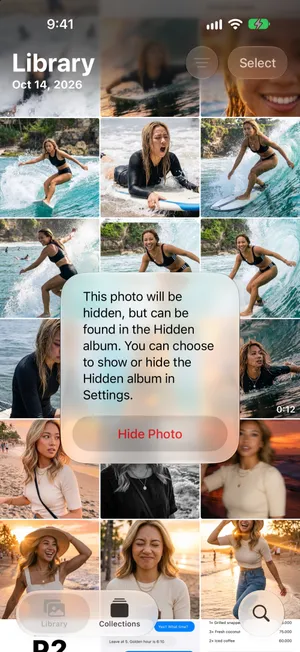 The Hide Photo prompt in Photos: This photo will be hidden, but can be found in the Hidden album. You can choose to show or hide the Hidden album in Settings.
