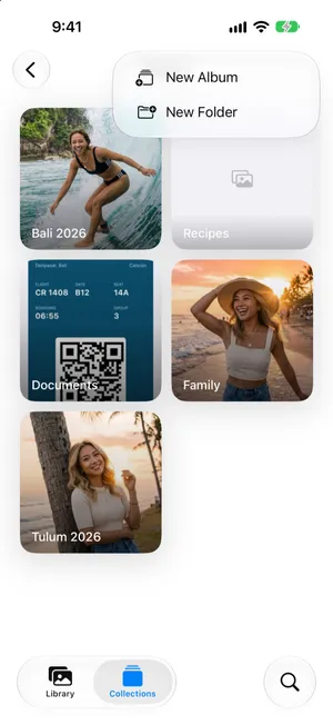 The add menu on the Albums screen in Photos, with New Album and New Folder