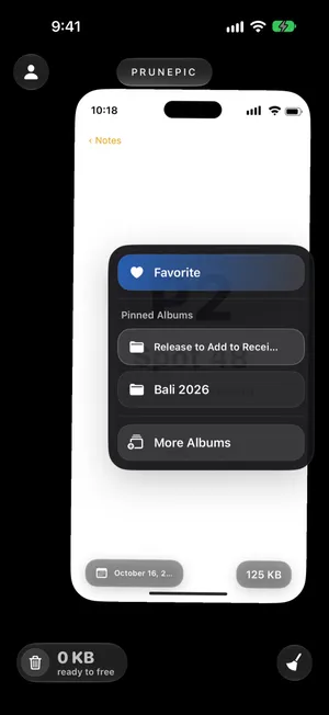 A parking spot screenshot dragged to the right in PrunePic, with a tray showing Favorite, the pinned albums Receipts and Tickets and Bali 2026, and More Albums, the finger over Release to Add to Receipts and Tickets
